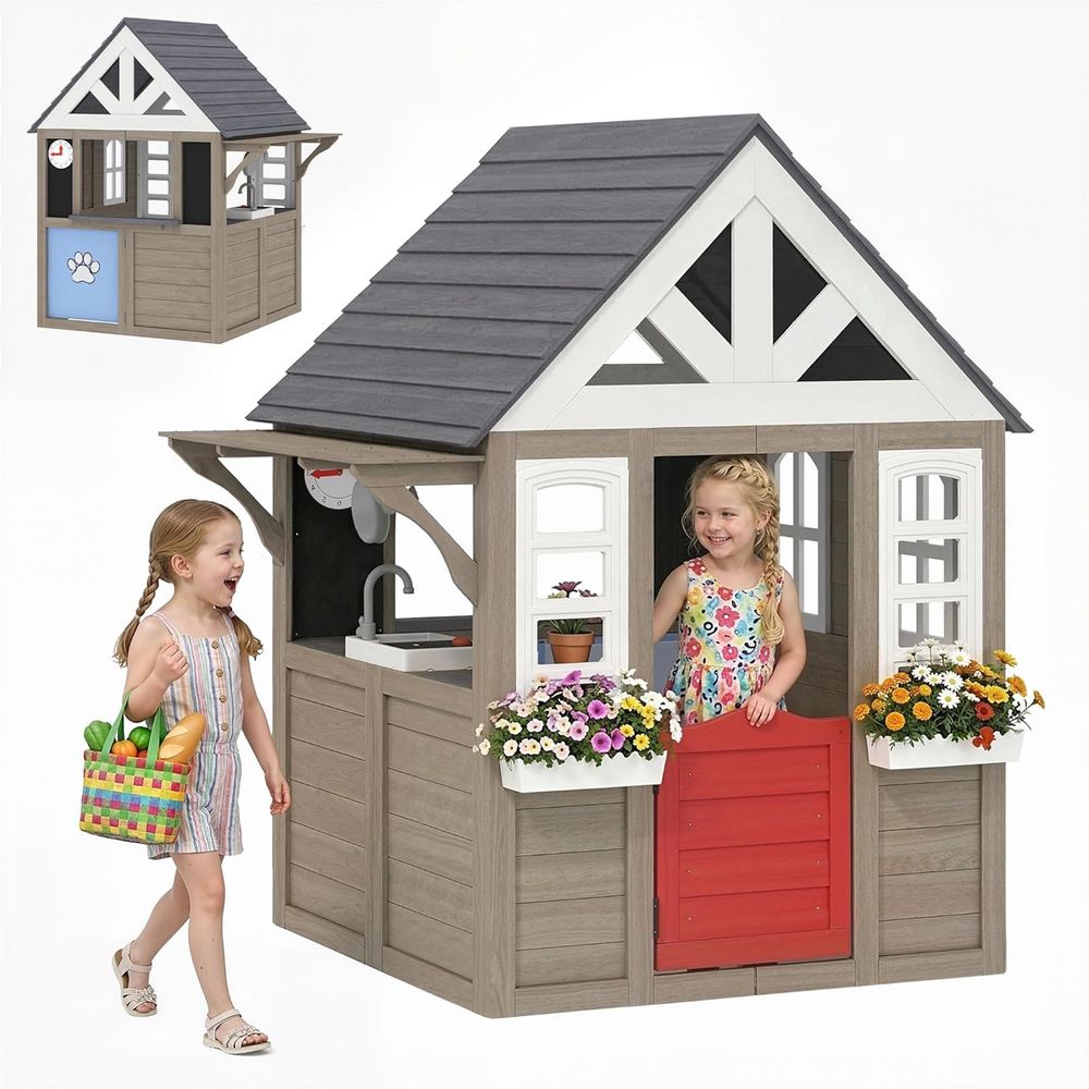 Qaba Kids Outdoor Playhouse - Qaba Outdoor Playhouse, Wooden Kids Playhouse