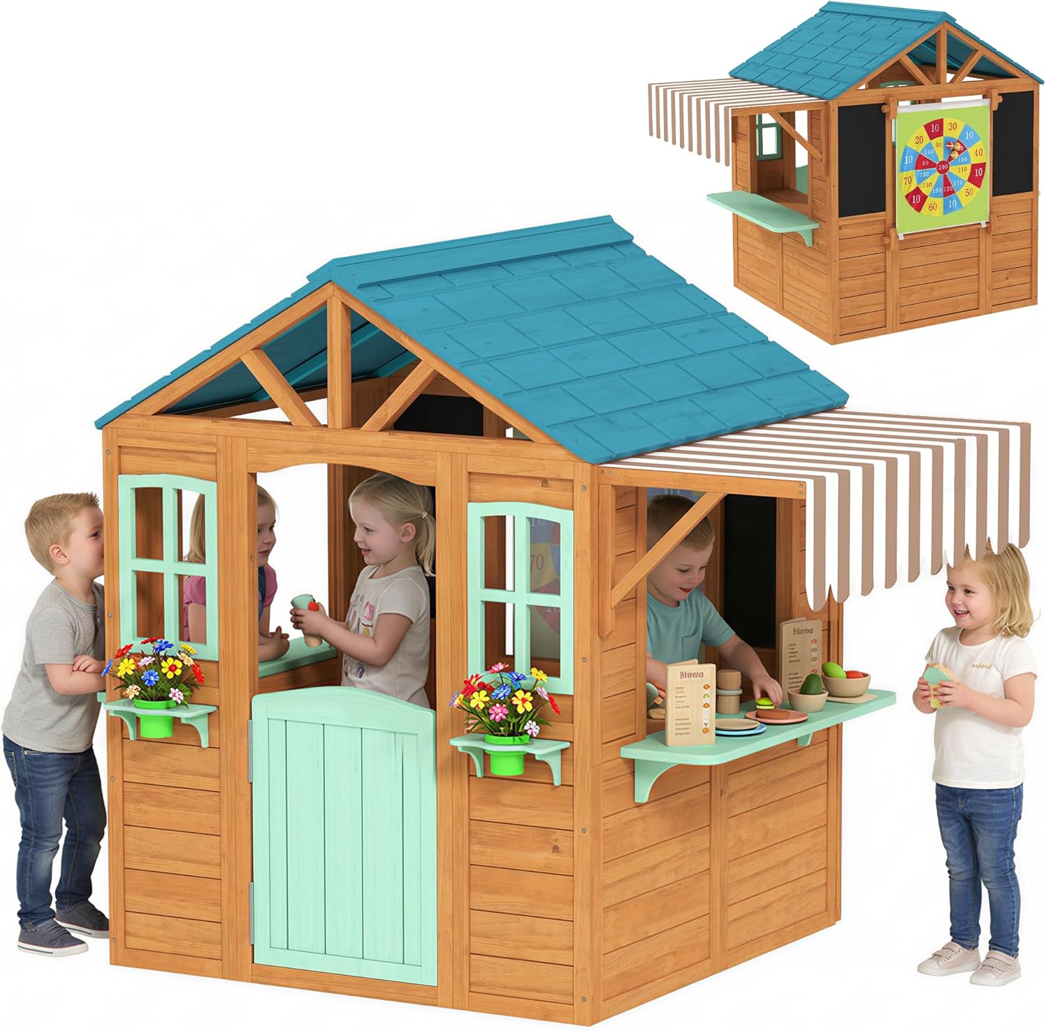 Qaba Kids Outdoor Playhouse - Qaba Outdoor Playhouse, Wood Kids Playhouse
