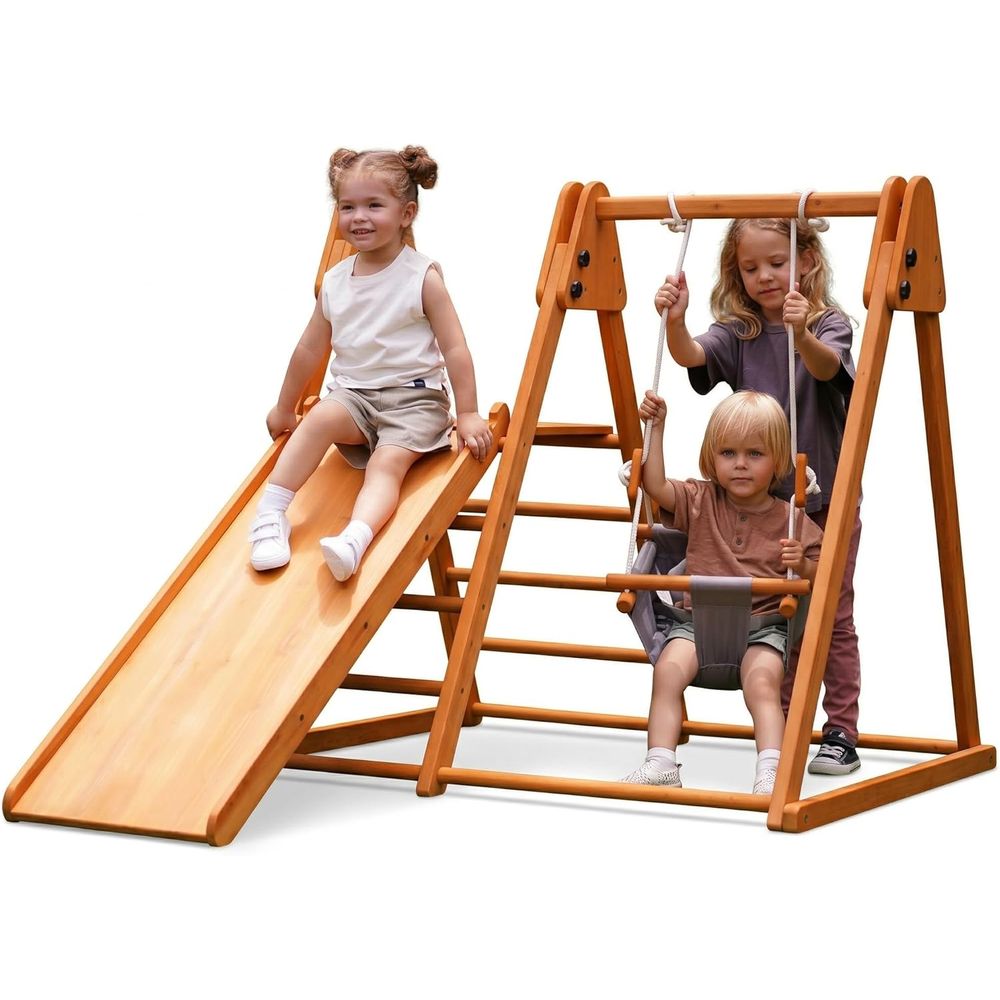 Kids Outdoor Jungle Gym With Slide - 4-in-1 Outdoor Wooden Playset for Kids: