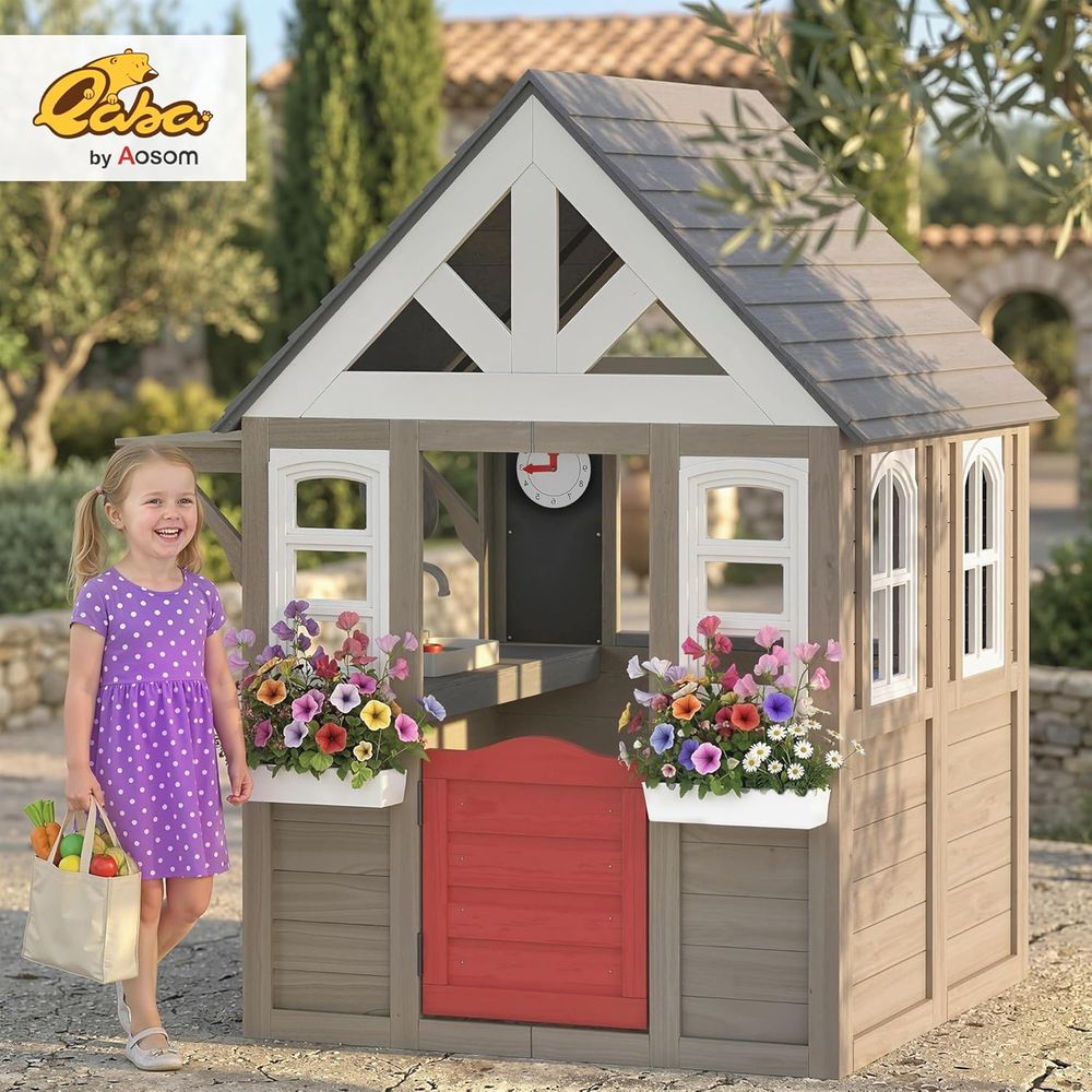Qaba Outdoor Playhouse, Wooden - Qaba Kids Outdoor Playhouse recensione e prezzo
